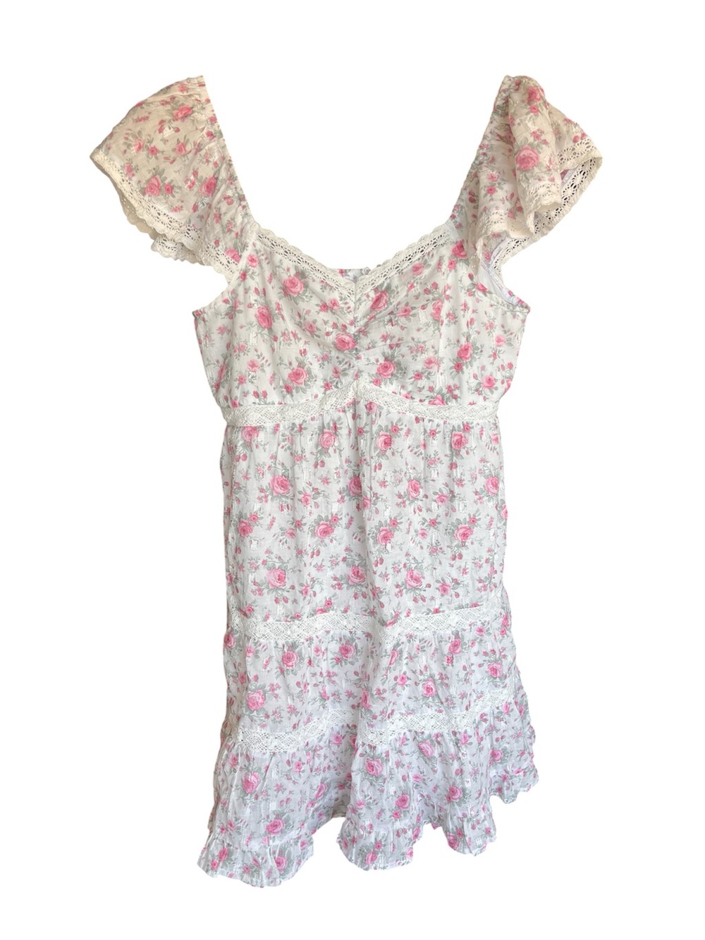 Altar'd State White Floral Mini Dress with Pink Roses Large Cottagecore
